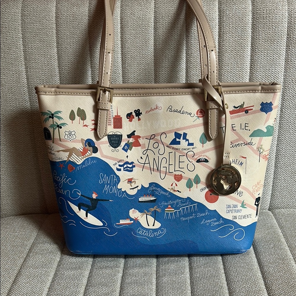 Blue and Tan Nautical Tote Bag with Beach Illustrations
